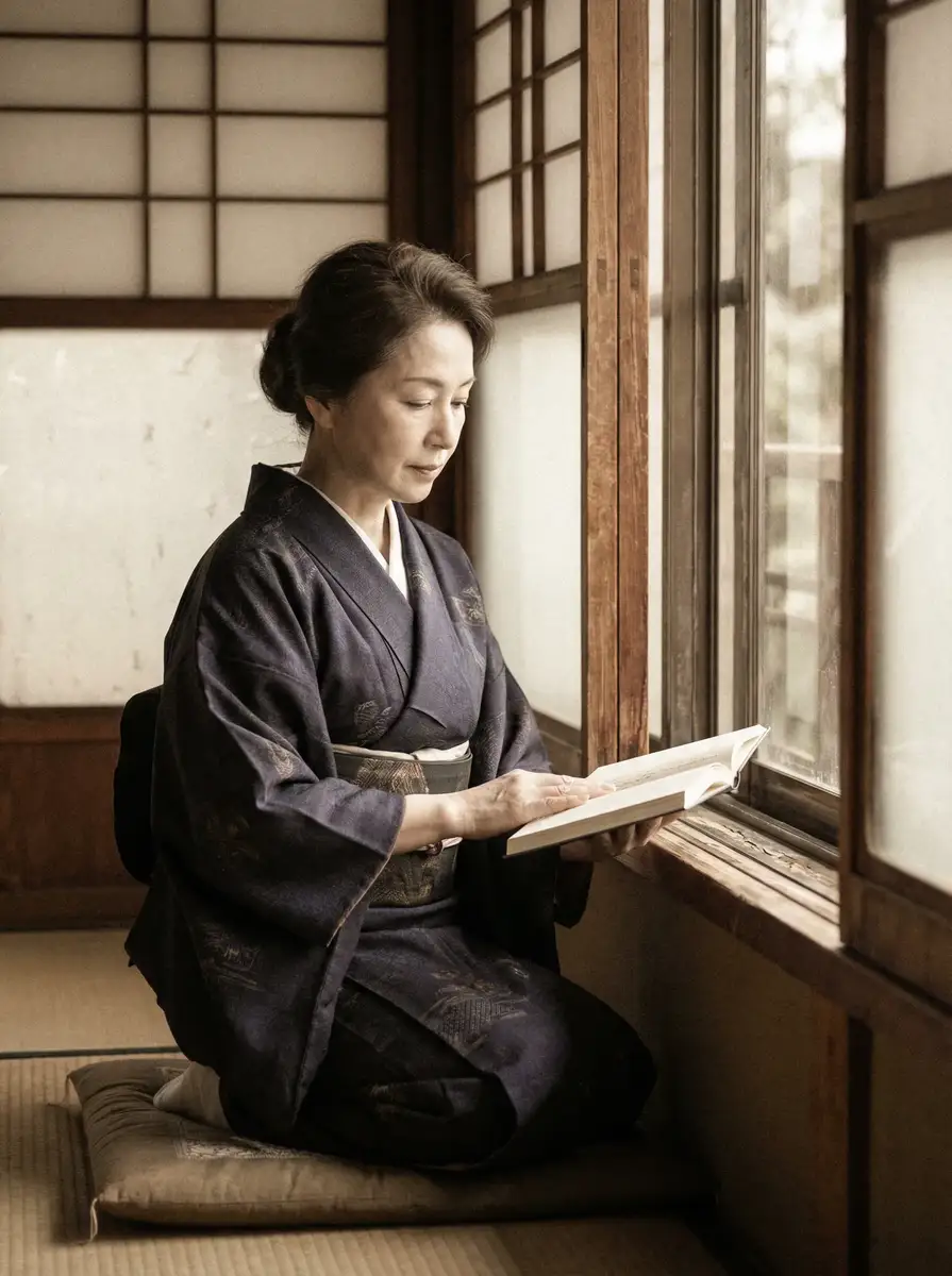 一位优雅的五十岁 西村理香 身穿深蓝色和服，在窗边静读