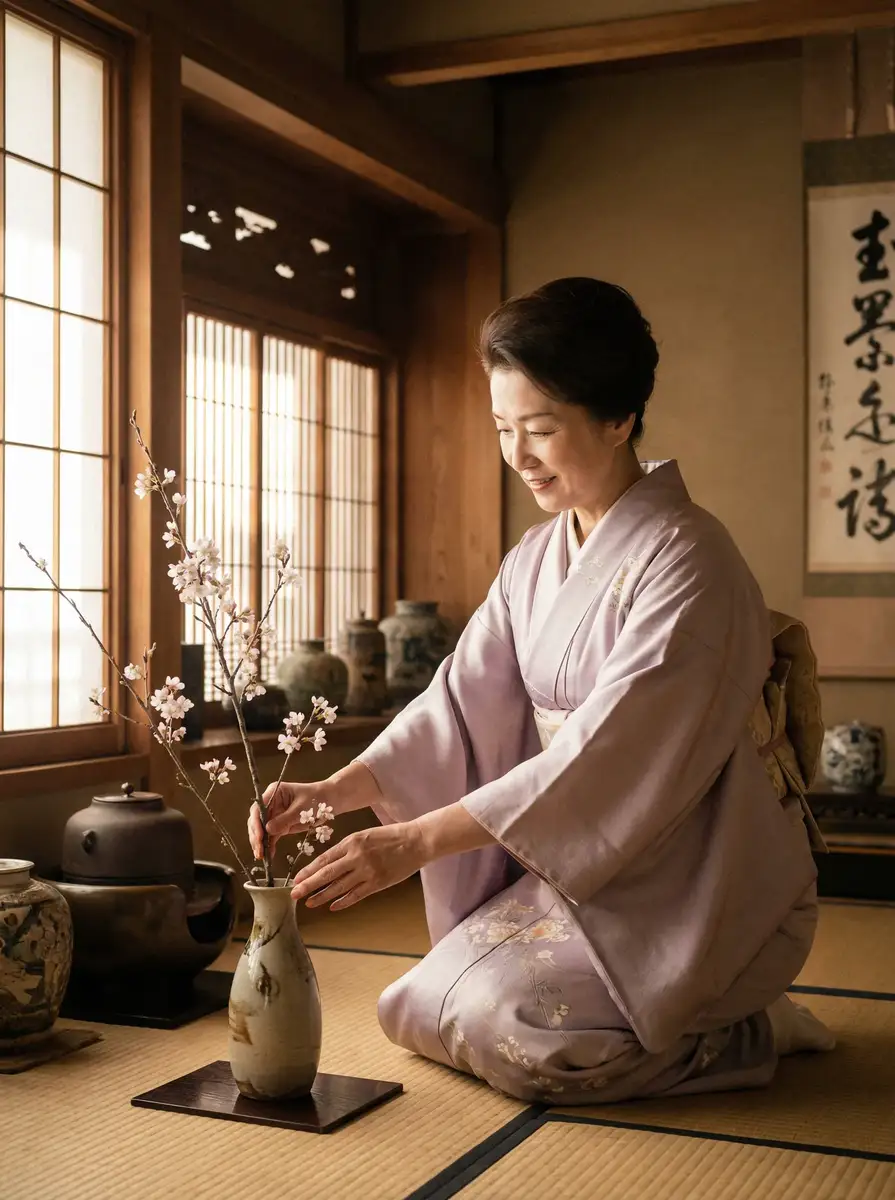 一位优雅的 西村理香 在和室中插花