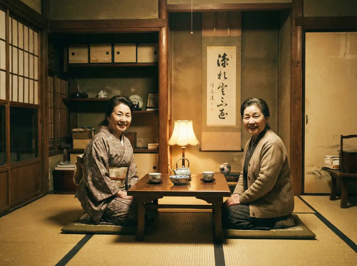 两位优雅的 西村理香 在日式茶室中品茶交谈